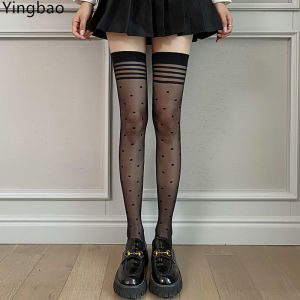 Yingbao Thigh High Stockings Lace Silky Women Ladies Long Lace over the knee Summer Thin Bow Tights fishing net Sock