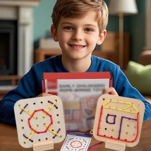 IPIE2 Sự sáng tạo Bảng dây gỗ Montessori Đào tạo tư duy Tương tác Bảng dây thừng gỗ Tư duy logic với 15 thẻ Đồ chơi buộc dây bằng gỗ Giáo dục sớm