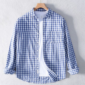 Schinteon Men 100% Pure Cotton Plaid Thin Shirt Long Sleeved Turn-down Collar High Quality Spring Summer Casual Loose Top 20262026