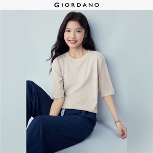 Giordano Women T-Shirt Fancy Yarn Knit Round Neck Mid-Sleeve Colorblock Topstitching Regular-Fit Slight Stretch Free Shipping 05326425