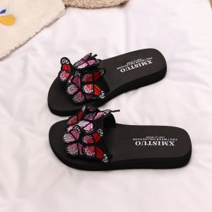 Free Shipping Thick-Soled Wedge Sandals For Women Summer Slip-On Sandals Fashionable Outdoor Sandals Beach Sandals With Embroidered Butterfly Design
