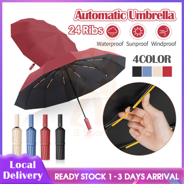 24 Ribs Automatic Auto Open UV Protection Windproof Durable Folding Portable Payung Large Oversized Umbrella Lipat 24[UNK]折叠雨伞
