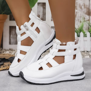 [Free Shipping] Summer New Collection: Plus-Size Thick-Soled Hollow-Out Sandals For Women Featuring A Round Toe Side Zipper And A Thick Insole For Added Height