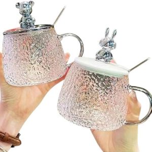 Cốc thủy tinh chịu nhiệt chống nứt Nắp hình gấu ngộ nghĩnh tặng kèm muỗng tiện lợi