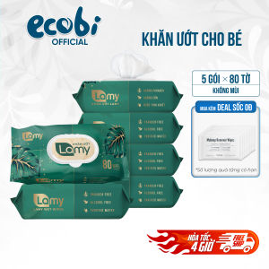 Thùng 05 gói khăn ướt Lamy 80 tờ không cồn không parabens cao cấp dành cho em bé