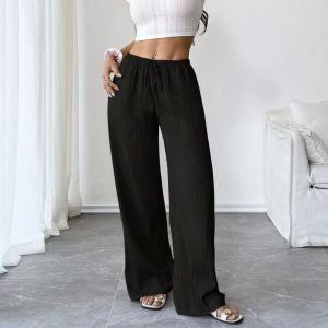 EasyB | Black wide-leg pocket pants with drawstring waist lightweight breathable fabric textured detail casual fit suitable for relaxed outings.