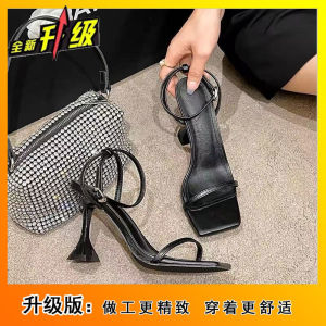 [Free Shipping] Aw Black Wine Glasses High-Heeled Sandals Strappy High Heels Chunky Heels Square-Toe New Summer WomenS Shoes