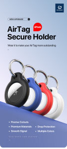 Dux Ducis Apple AirTag Secure Holder (4 Pcs Per Set) With Key Ring Chain Hang Car House Anti Lost Track Pet Bag Luggage Signal Find Location Push On Hook Stainless Steel Durable Black Blue Red White Scratch Resistant Slim Light Easy To Carry Portable
