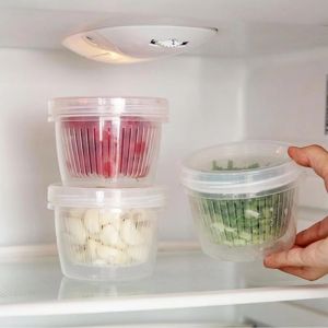 Round Drain Sealed Crisper Ginger Garlic Onion Food Fridge Storage Box Case Home Kitchen Storage Cleaning Box