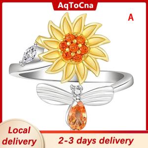[COD] AqToCna Ship within 24 hours Opening Adjustable Spinning Sunflower Bee Release Stress Ring Rotatable Zircon Copper Finger Ring For Women Fashion Jewelry
