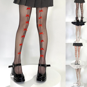 Women JK Girl Aesthetic See Through Fishnet Tights Stockings Japanese Styles Sweet Small Bowknot Pantyhose Leggings