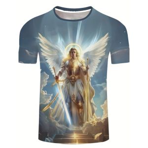 Mens Archangel Saint Michael T-Shirt 3D Full Print Religious Warrior Angel Pattern T-Shirt Christian Faith Short Sleeved Top