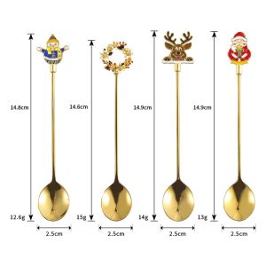 UNIITY Bộ 4 món Muỗng khuấy đồ uống Giáng sinh Thiết kế mạ Thép không gỉ Bộ đồ dùng ăn uống ngày lễ Lễ hội Dụng Cụ Nhà Bếp Tiện Dụng Muỗng tráng miệng cà phê Quà Giáng Sinh