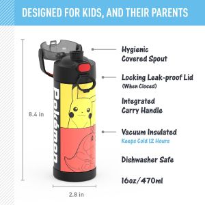 Authentic THERMOS FUNTAINER 470ml Stainless Steel Vacuum Insulated Water Bottle with Wide Spout Lid Pokemon Minecraft
