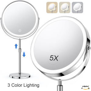MY Local Shipment 8" Desktop LED Makeup Mirror 5 Times Magnification Fill Light Makeup Mirror 3 Color Lighting Lighted Makeup Mirror Flat  Magnifying Double Sided Mirror