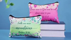 Kacctyen 20 Pcs Inspirational Christian Gifts Religious Canvas Cosmetic Bags Flower Bible Verse Makeup Bag with Compact Mirrors Travel Toiletry Pouch for Church Mother Women Coworker Employee