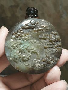 Premium Nephrite deep caramel brown light green Ancient Landscape large Jade pendant/handheld (with certificate) [Natural Crystal] 和田玉且末淡青绿老褐糖大山水吊坠/手把(带证书)