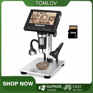 TOMLOV DM4S Coin Microscope 1000X 32GB 4.3" LCD Digital Microscope with LED Side Lights Metal Stand PC View Photo/Video Microscope for Kids Adults