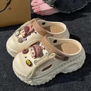[Free Shipping] Thick-Soled High-Heeled Sandals For Women Perforated Shoes For Outdoor Wear Slip-On Beach Sandals Home Slippers WomenS Closed-Toe Slippers