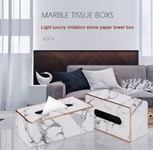 [Local Seller] Fashion Tissue Box Cover Rectangle PU Leather Facial Tissue Holder White Marble Leather Gold Edge with Embedded Bottom