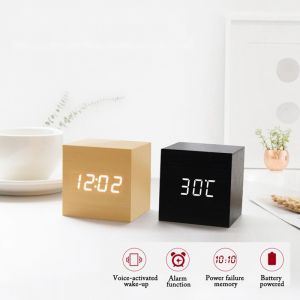 ins desktop wooden clock alarm clock square electronic alarm clock minimalist mute voice-activated