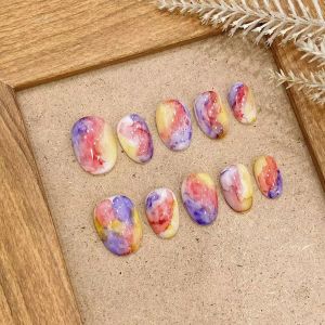 Yacey Handmade Press on Nails Short Oval Colorful Abstract Marble Reusable False Nails Press Ons Thick Acrylic Fake Nails Luxury Glow Glue on Nails for Women Girls (10 Pcs M)
