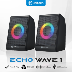Speaker Kabel Full Bass Unitech Echo Wave Series untuk Laptop PC Hp RGB Light Colokan Aux 3.5mm