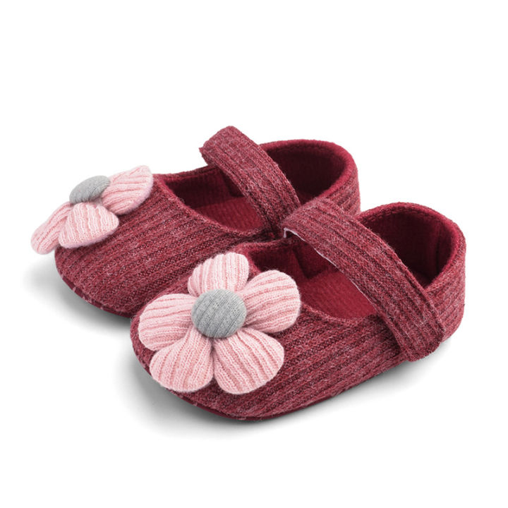 Cute Big Flower Baby Flat Shoes Knitted Cotton Girl Princess Shoes