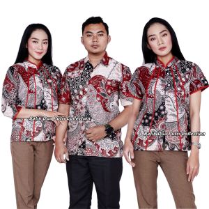 Batik Couple Wanita Dan Pria Bahan Katun Tidak Streetch Lengan Pendek Dan 7/8 Batik Dua Putri Collection = MONAS MERAH