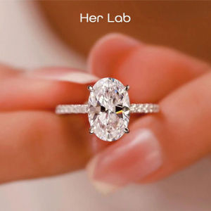 Her Lab Jewelry | Authentic Moissanite 925 Sterling Silver Diamond Ring 1-2 Carats with Small Diamonds Original GRA Report 100% via Diamond Selector 4 Prong Oval Cut Diamond Ring Sterling Silver Wedding Ring Classic Engagement Ring