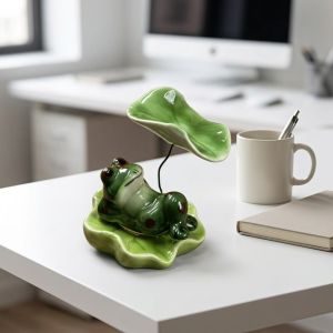 OOG Ceramic Laying Frog Statue Home Ornaments Lotus Leaf Frog Rotating Toys Interesting Attract Wealth Frog Car Decor Home