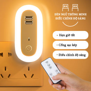Đèn ngủ thông minh điều chỉnh độ sáng 10 cấp độ với 3 chế độ sáng tích hợp cổng sạc kép 5V2.1A có remoss điều khiển từ xa