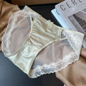 Bow-tie high-slit panties Satin lace panties Womens ice silk briefs
