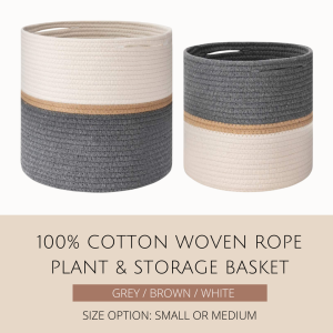 EZ Home Ideas 100% Cotton Woven Rope Plant & Storage Basket.grey Brown & White.small & Medium.perfect for Home Decor Storage & Organizing Your Things