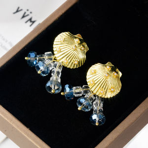 Fashionable Ring Gift 复古度假风海边贝壳串珠流苏蓝色耳钉女款耳环 新款高级感耳饰