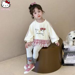 Christmas gifts Halloween Anime Girl Hello Kitty Set Sanrio Autumn New Children Cartoon Soft Leggings Princess Sweet Kawaii Hoodie Two-Piece Set Versatile