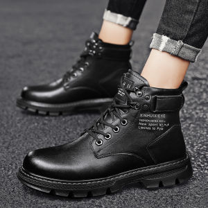 New British style Martin boots Korean version medium top work shoes black leather shoes for men Walking Shoes Boy Footwear Fashion Comfort
