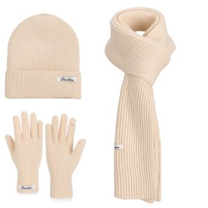 HEALMEYOU Solid Color Hat Scarf Gloves Set Warm Wool Thermal Knit Cap Neck Warmer Thickened Winter Beanie Hat Women/men