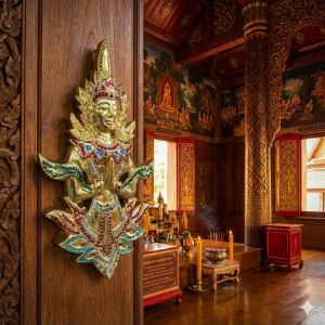 เทพพนม ไม้จามจุรีแกะสลัก ปิดทองคำเปลว (สูง 18 นิ้ว) แผ่นไม้แกะสลักติดผนัง งานฝีมือไม้แผ่นเดียว ตกแต่งวัด ห้องพระ โรงแรม สปา