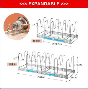 ✳️TSG65✳️ SS201 Expandable Pots Lids Storage Rack Adjustable Pans Storage Rack Retractable Cabinet Organizer Rack Under Sink Organizer Rack Kitchenware Divider Holder for Baking Plate Baking Tray Plates Cutting Boards Muffin Tins Baking Sheet