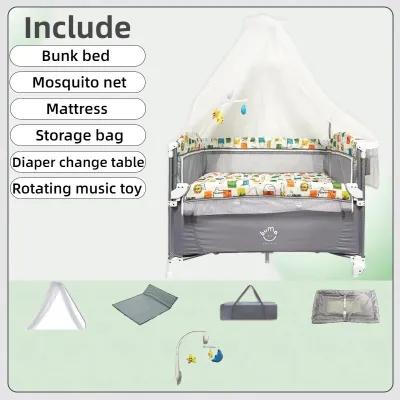 Foldable Baby Crib and Playpen 2 layer (with mosquito net storage bag hanging toys storage basket) Baby Bed Crib Toddler Portable Travel Cot