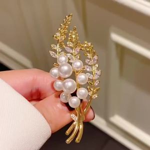 Pearl Wheat Brooch Crystal Leaf Floral Bouquet Long Branch Statement Pin Elegant Blazer Coat Clothing Accessory for Women