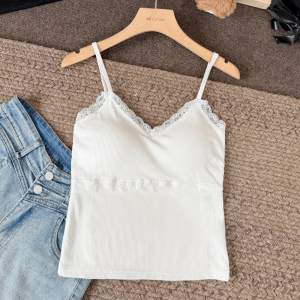 JIAXINXIN V Neck Lace Camisole with Chest Cushion Slim Fit Crop Tops Spicy Girl Style Korean Stlye Suspender Vest Spring Summer