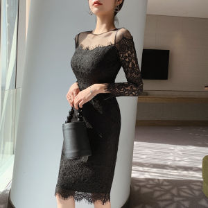 ZYHT eravogue đầm body Váy ren dài tay màu đen váy bút chì mỏng vừa vặn Khâu lưới rỗng Váy trắng thanh lịch và đẹp 1715