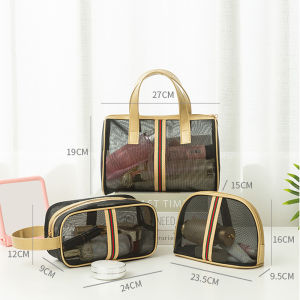 3Pcs/Set Mesh Makeup Bag Clear Cosmetic Bag Black Washble Multifunction Travel Bag
