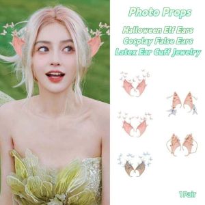 SKYJS Bướm rừng Tai yêu tinh Halloween Hợp kim ngọc trai Cosplay Trang sức vòng tai latex Đạo cụ chụp ảnh Trang phục cosplay Tai giả Halloween Trang phục
