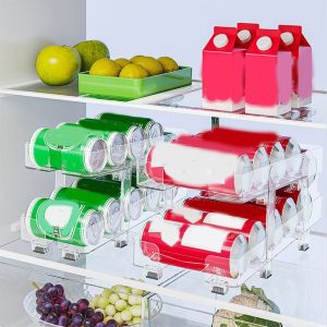 GAOSU Nhựa Hộp lưu trữ đồ uống 2 lớp Tự động cuộn Rõ ràng Hộp lưu trữ bia Thực tế Có thể thu vào Bộ sắp xếp lon đồ uống cho gia đình