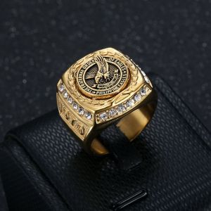 SM Gold Plated Eagle Kuya Bull Ring for Men Finger Stainless Steel Ear of Wheat with Stone 1979 Philippine The Fraternal Order of Eagles High Quality Fashion Vintage Jewelry A416