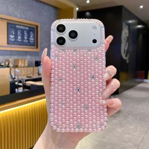 Luxury Girly Coquette Sparkling Full Pearl Phone Case for 17 Pro Max Crystal Rhinestone Cover for iPhone 16 15 14 13