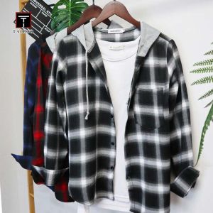 เสื้อเชิ้ตมีฮู้ดสําหรับผู้ชายเสื้อเชิ้ตลายสก็อตสไตล์เกาหลีใหม่สําหรับช่างตัดเสื้อ